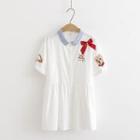 Short-sleeve Dog Embroidery Frill Trim Shirt White - One Size