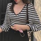 Puff-sleeve Two Tone Knit Crop Top Black & White - One Size