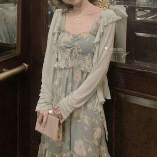 Ruffle Strap Floral Print A-line Dress / Jacket