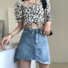 Flower Print Drawstring Short-sleeve Blouse / Distressed Denim Mini A-line Skirt