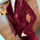 Velvet Long-sleeve Shirred Slit Maxi Sheath Dress