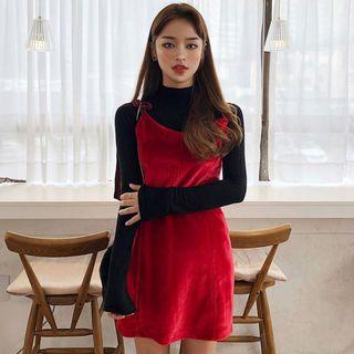 Plain Mock Neck Long Sleeve T-shirt / Tie Strap Velvet Dress