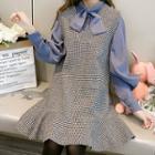 Set: Tie-neck Blouse + Houndstooth Pinafore Dress