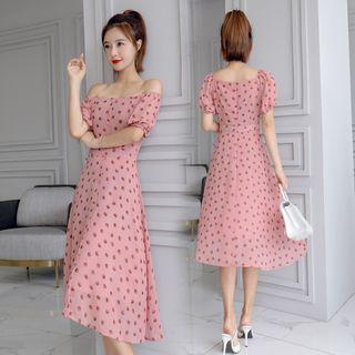 Short-sleeve Polka Dot Buttoned A-line Midi Chiffon Dress