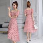 Short-sleeve Polka Dot Buttoned A-line Midi Chiffon Dress