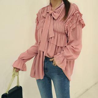 Tie-neck Frilled Smocked Blouse