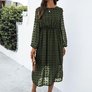Plain Crew-neck Long-sleeve Midi A-line Dress