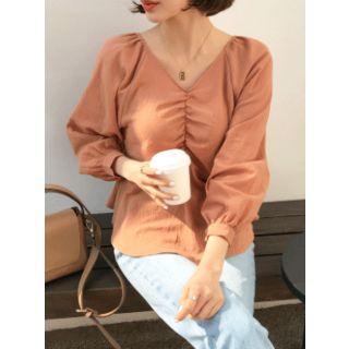 Balloon-sleeve Shirred-trim Peplum Top