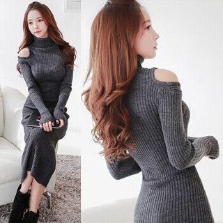 Long-sleeve Turtleneck Cold-shoulder Midi Knit Dress