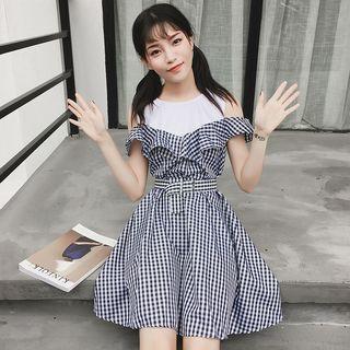 Mock Two Piece Cut Out Shoulder Gingham Short Sleeve Dress