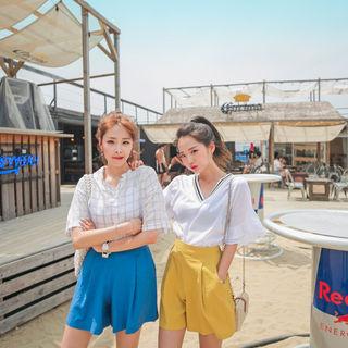 V-neck Frill-sleeve Sheer Top