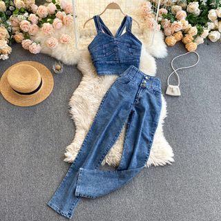 Set: Denim Sleeveless Top + Straight Leg Jeans