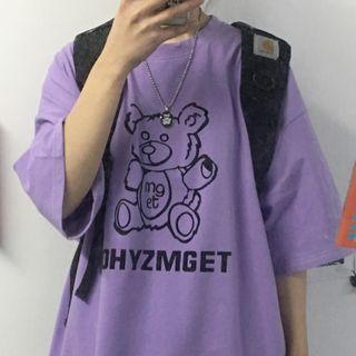 Elbow-sleeve Printed T-shirt Purple - One Size