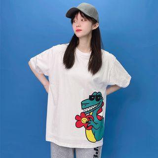 Couple Matching Elbow Sleeve Dinosaur Printed T-shirt