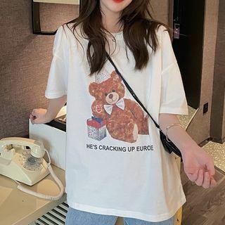Bear Print Elbow-sleeve Oversized T-shirt