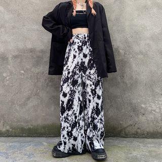 Tie-dye Print Wide-leg Pants Black - One Size