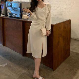 Long-sleeve Ruched Slit Midi A-line Dress