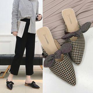 Pointed-toe Ribbon Accent Chunky Heel Mules