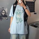 Bear Print Loose-fit T-shirt Light Blue - One Size