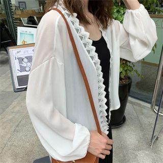Lace-trim Open-front Chiffon Cardigan As Shown In Figure - One Size