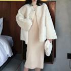 Furry Button Jacket / Turtleneck Long-sleeve Midi Knit Dress