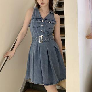 V-neck Pleated Denim Dress With Sash