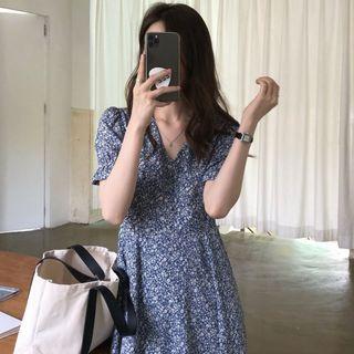 Floral Short-sleeve A-line Dress Floral - Blue - One Size