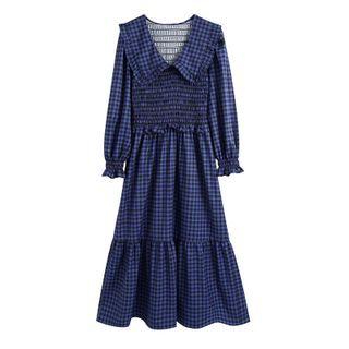 Long-sleeve Peter Pan Collar Plaid Midi A-line Dress