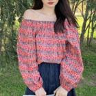 Long-sleeve Off-shoulder Floral Chiffon Blouse Red - One Size