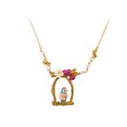 Fashion Romantic Plated Gold Enamel Bird Cage Sparrow Flower Necklace Golden - One Size