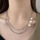 Faux Pearl Layered Stainless Steel Necklace White & Silver - One Size
