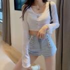 Long-sleeve Button Knit Top White - One Size