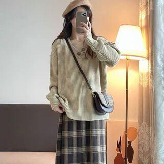 Asymmetrical Sweater / Plaid Midi Pencil Skirt / Set