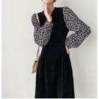 Color-block Floral Corduroy A-line Dress