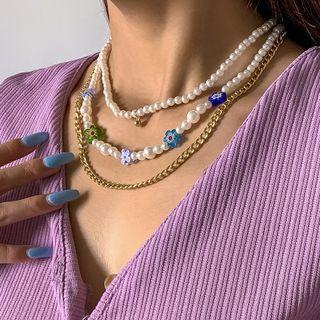 Flower Faux Pearl Layered Necklace 2297 - Gold - One Size