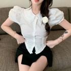 Puff-sleeve Peter Pan Collar Asymmetrical Shirt / High-waist Slit A-line Mini Skirt