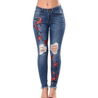 Distressed Floral Embroidered Skinny Jeans