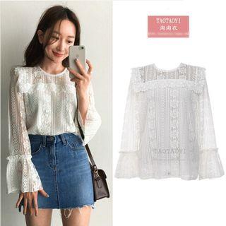 Bell-sleeve Loose-fit Sheath Cutout Lace Blouse