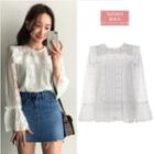 Bell-sleeve Loose-fit Sheath Cutout Lace Blouse