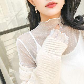 Mock-turtleneck Dotted Long-sleeve Mesh Top