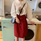 Peter-pan-collar Embroidered Blouse / High Waist A-line Skirt