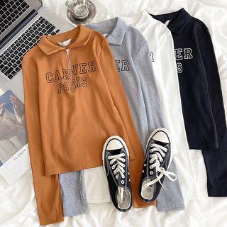 Long-sleeve Lettering Polo Collar Half-zip Top