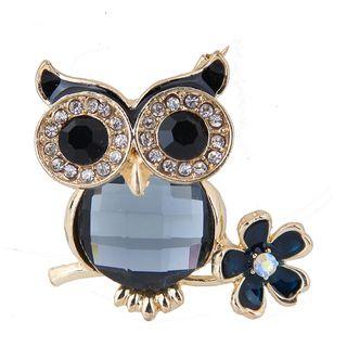 Rhinestone Owl & Flower Brooch Gold - One Size