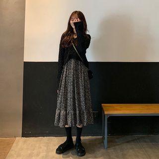 Set : V-neck Tie-strap Sweater + Long-sleeve V-neck Floral Dress