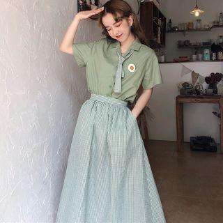 Short-sleeve Shirt / Tie / Midi A-line Plaid Skirt / Set