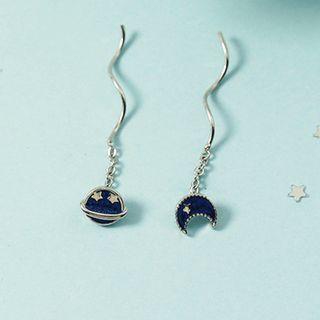 Moon & Planet Glaze Asymmetrical Dangle Earring 1 Pair - Earring - Silver - One Size