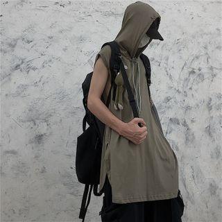 Plain Side Slit Hooded Sleeveless T-shirt