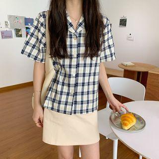 Short-sleeve Plaid Shirt Navy Blue - One Size