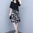 Set: Short-sleeve V-neck Blouse + Plaid A-line Skirt