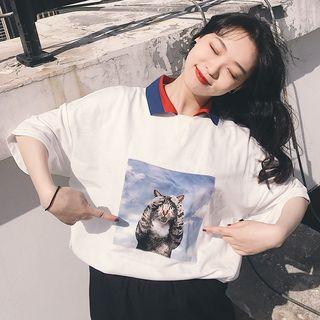 Cat Print Elbow-sleeve Polo Shirt